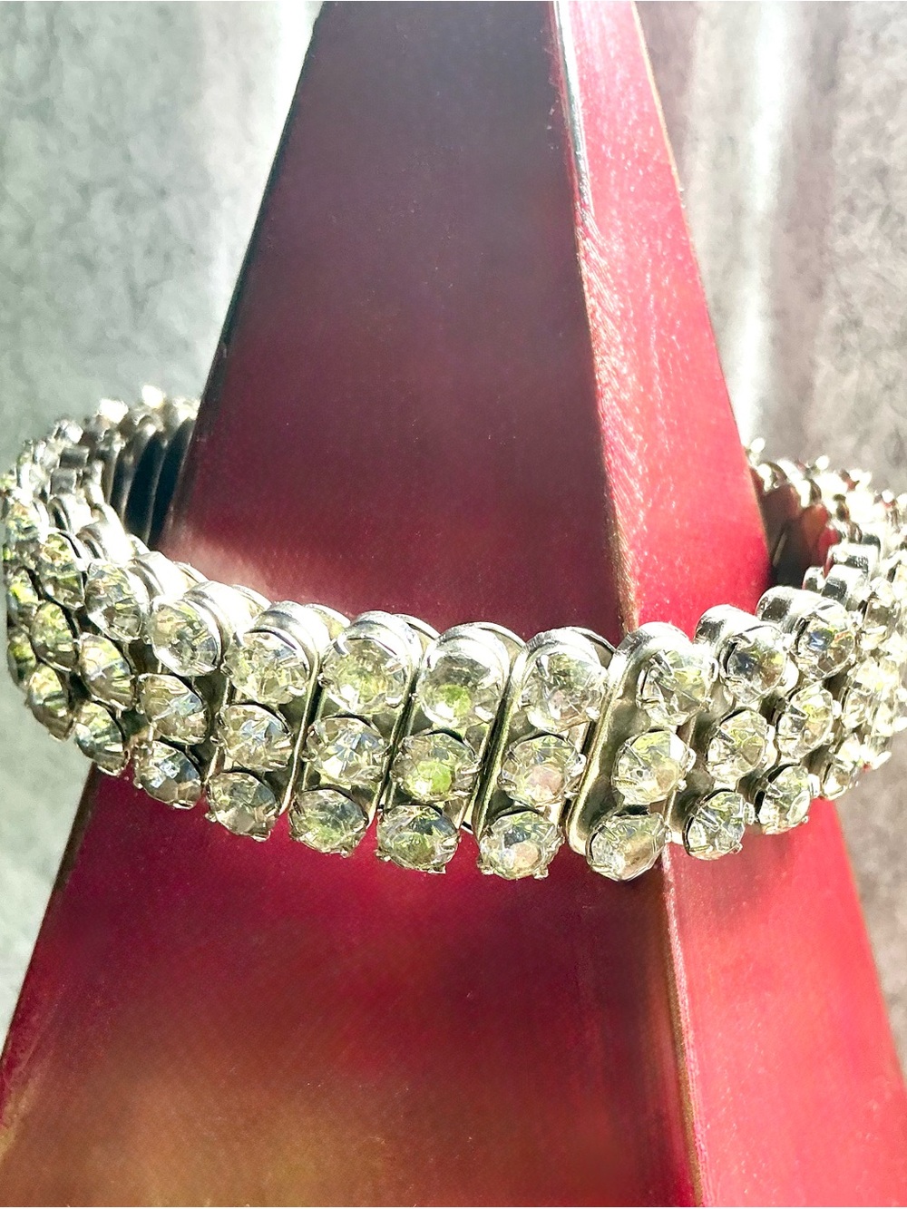 Vintage MCM Clear Rhinestone Pave Expansion Bracelet Silvertone Hong Kong 1950s